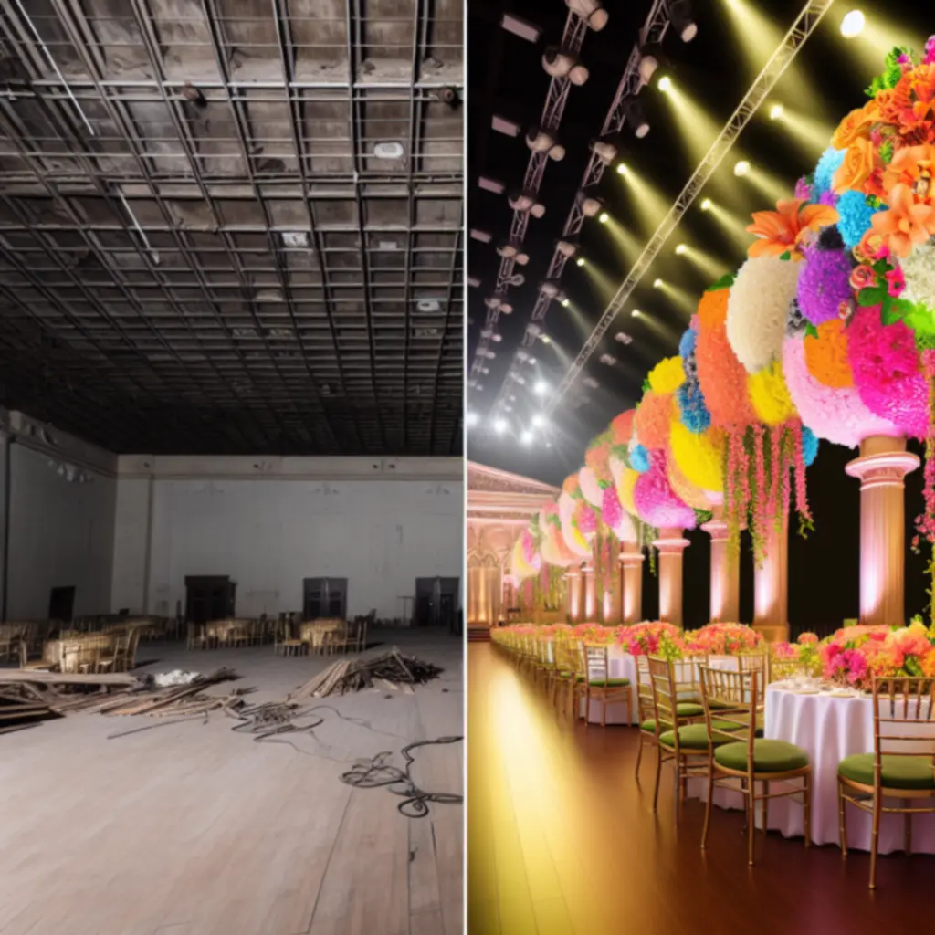 Porównanie sali eventowej przed i po dekoracjach kwiatowych