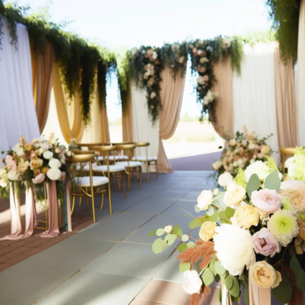 Kwiatowa dekoracja ceremonii ślubnej z kwiatami w pastelowych kolorach wzdłuż przejścia