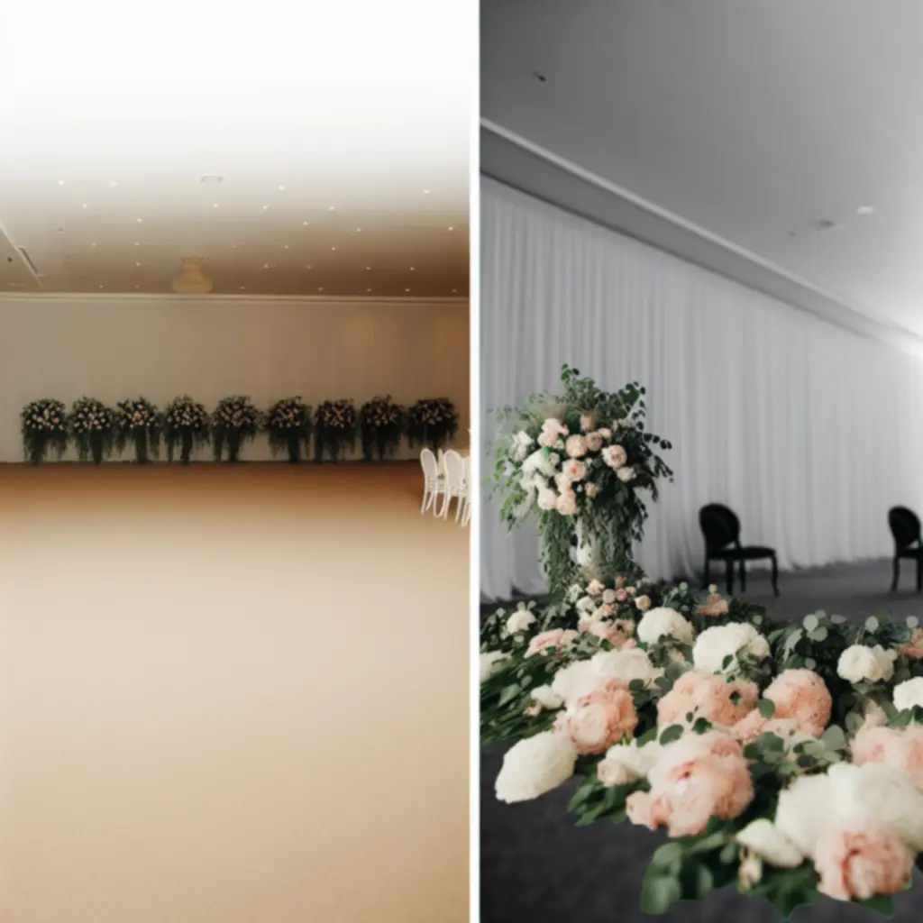 Porównanie przestrzeni przed i po dekoracji kwiatowej na ślub