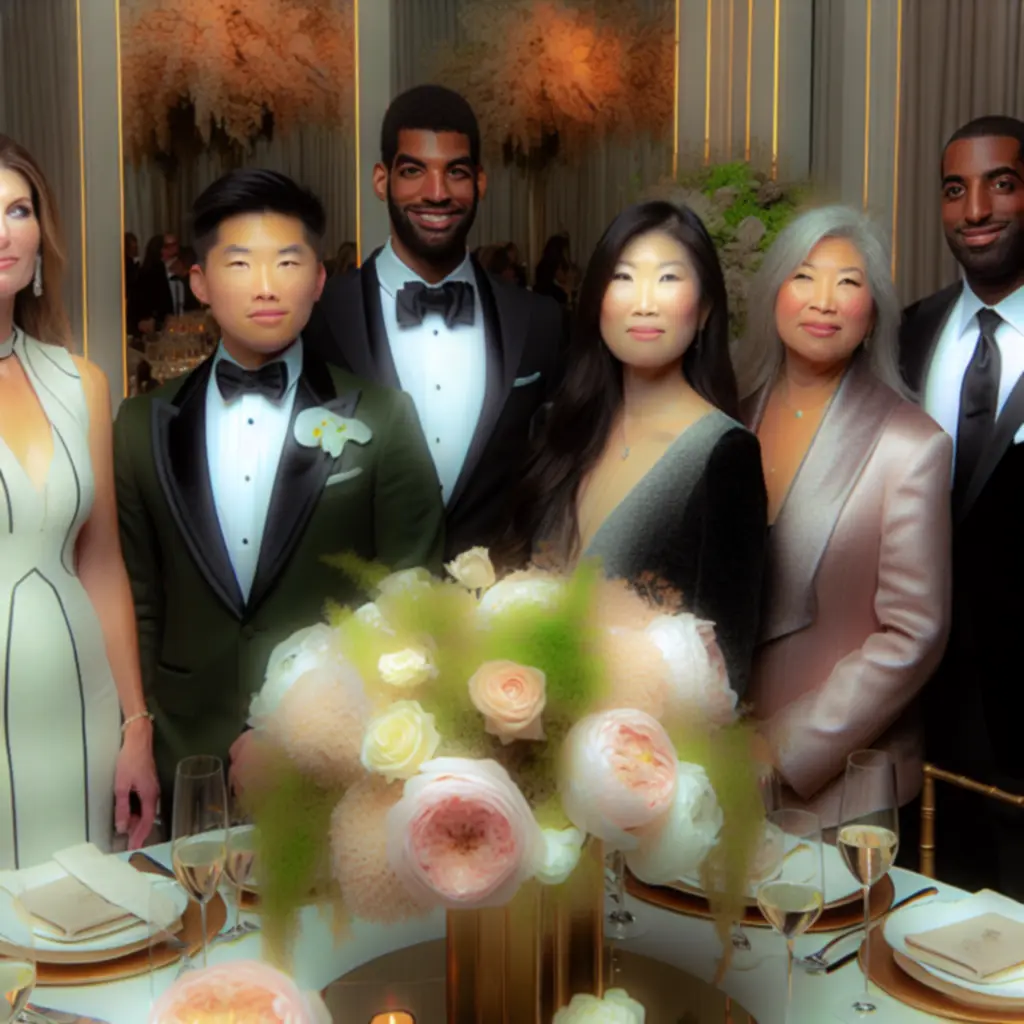 Uśmiechnięci goście na eleganckim przyjęciu z kwiatowymi dekoracjami Floraventra